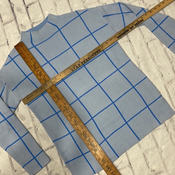 Loft Mock Neck Tunic Sweater Dark Blue on Light Blue Window Pane Plaid - Picture 9 of 9